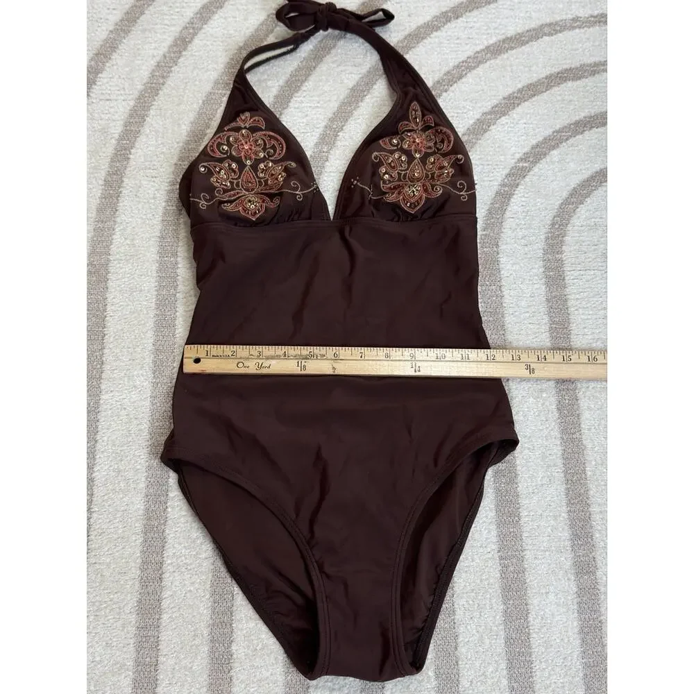 Liquid Blue Brown Halter One Piece Swimsuit Beaded Embroidered Swimwear Size M